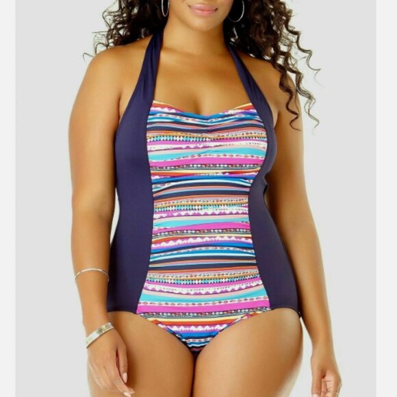 Anne Cole One Piece Maillot Swimsuit Halter Multi Striped Plus Size 18W NWOT - Picture 1 of 8